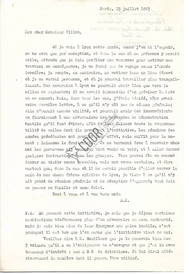 Transcripción carta de Allan Kardec a Villon 25-07-1863