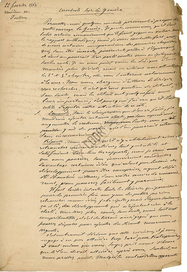 Manuscrito de Allan Kardec sobre La Génesis 21-2-1868 Página 1