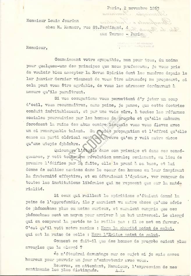 Transcripción Carta de Kardec a Jourdan 02-11-1863 