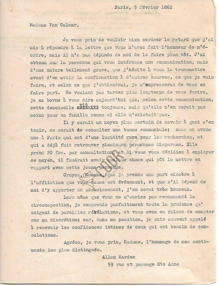 Transcripción en francés de la Carta manuscrita de Allan Kardec a la señora Van Calcar página 1