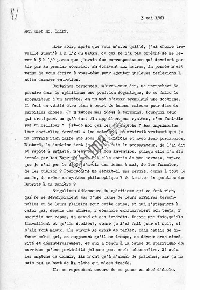 Transcripción carta de Allan Kardec a Thiry 03-05-1861 Página 1